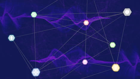Network-of-digital-icons-against-purple-digital-waves-on-blue-background