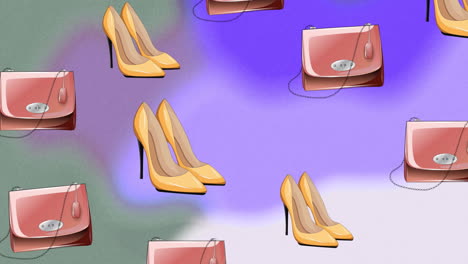 Animation-Fallender-Taschen-Und-Schuhe-Auf-Violettem-Hintergrund