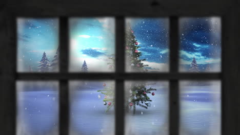 Animation-of-snow-falling-over-christmas-tree-and-winter-scenery-seen-through-window