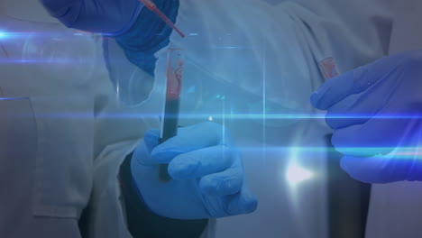 Animation-of-network-of-connections-with-icons-over-hands-in-protective-gloves-holding-lab-sample