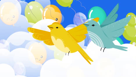 Animation-Von-Vogelsymbolen-Und-Luftballons-über-Wolken-Auf-Blauem-Hintergrund