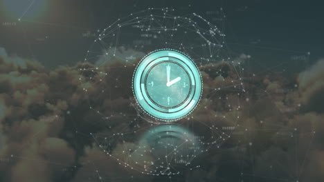 Animation-of-moving-clock-and-network-of-connections-over-sky