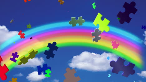Animation-of-puzzles-floating-over-sky-and-rainbow