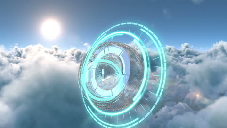 Animation-of-blue-clock-over-cloudy-sky
