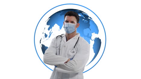 Animation-of-caucasian-male-doctor-over-globe-on-white-background