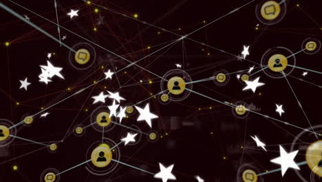Animation-of-network-of-connections-with-people-icons-and-stars-over-black-background