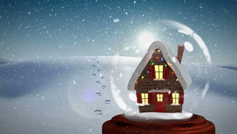 Animación-De-Nieve-Cayendo-Sobre-Un-Globo-De-Nieve-Navideño-Con-Casa-Y-Paisaje-Invernal
