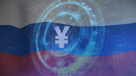 Animation-Der-Zielfernrohrmessung-Und-Des-Yen-Symbols-über-Der-Flagge-Russlands
