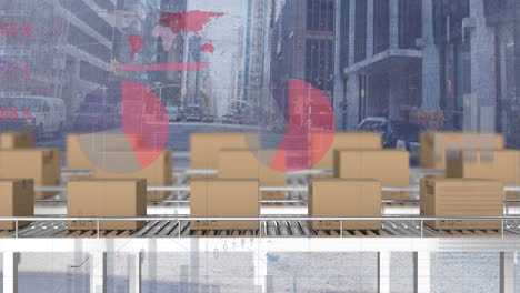 Animation-of-financial-data-processing-over-boxes-on-conveyor-belts-and-cityscape