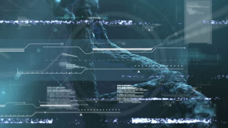 Animation-Von-Glitch-Und-Diversen-Daten-über-Der-DNA-Kette-Auf-Marineblauem-Hintergrund