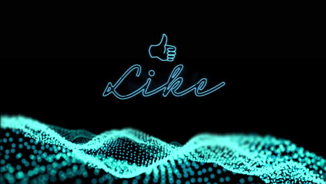 Animation-of-neon-like-and-hand-up-over-black-background-with-blue-glitter
