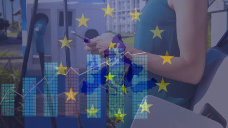 Animation-Einer-Kaukasischen-Frau-Mit-Smartphone-An-Einer-Tankstelle-Und-EU-Flagge-über-Datenverarbeitung