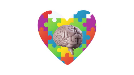 Animation-of-heart-made-of-colorful-puzzles-and-brain-rotating-on-white-background