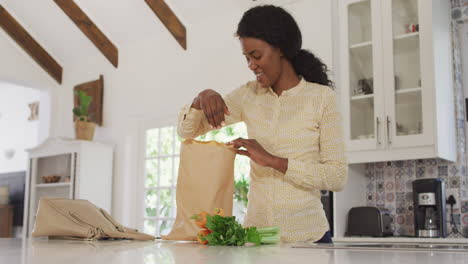 Video-Einer-Glücklichen-Afroamerikanischen-Frau,-Die-Lebensmittel-In-Der-Küche-Auspackt