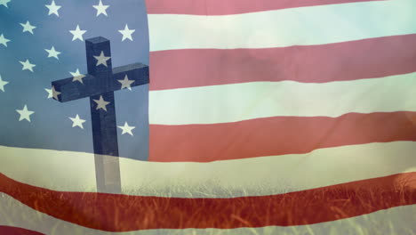 Animation-Eines-Christlichen-Kreuzes-Und-Grases-über-Der-Wehenden-Flagge-Der-USA