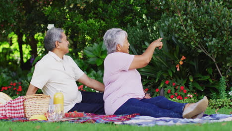 Video-of-happy-biracial-senior-couple-having-picnic-in-garden