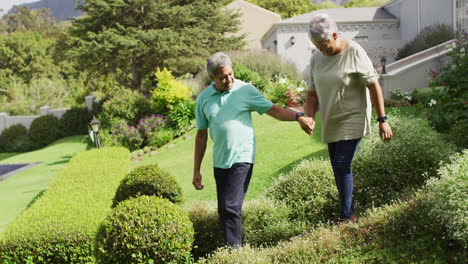 Video-Eines-Glücklichen-Gemischtrassigen-älteren-Paares,-Das-Händchen-Hält-Und-Im-Garten-Spaziert
