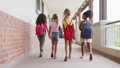 Video-Der-Rückansicht-Verschiedener-Mädchen,-Die-Durch-Den-Schulkorridor-Gehen-Und-Sich-Unterhalten