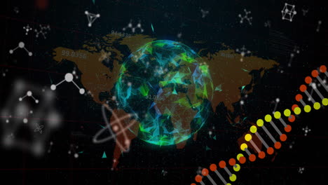 Animation-Des-Spinnens-Von-DNA-Strängen-Und-Molekülen-über-Dem-Globus-Und-Der-Weltkarte