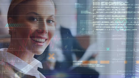 Animation-of-data-processing-over-smiling-caucasian-businesswoman