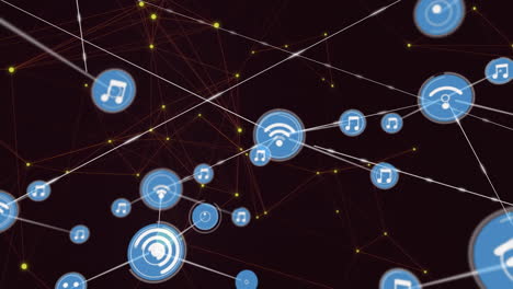 Animation-of-network-of-connections-with-icons-over-black-background