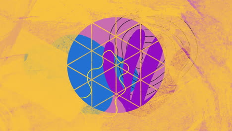 Animation-Blauer-Und-Violetter-Formen-Im-Kreis-über-Gelbem-Und-Violettem-Hintergrund