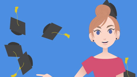 Animation-of-woman-talking-over-graduate-caps