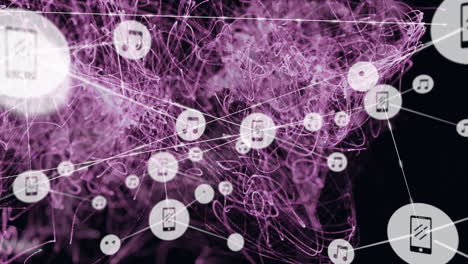 Animation-of-network-of-connections-over-purple-energy-on-black-background