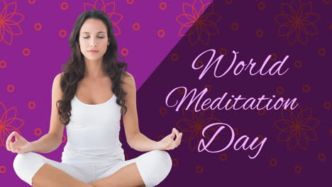 Animation-of-world-meditation-day-text-with-caucasian-woman-meditating-on-purple-background