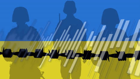 Animation-of-fence-over-soldiers-and-flag-of-ukraine