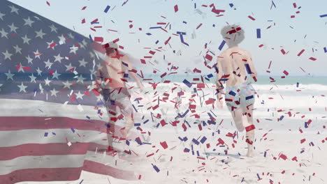 Animation-Einer-Amerikanischen-Flagge-Und-Konfetti-über-Verschiedenen-Männlichen-Freunden-Am-Strand
