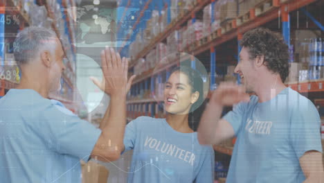Animation-of-statistics-and-data-processing-over-diverse-volunteers-high-fiving-in-warehouse