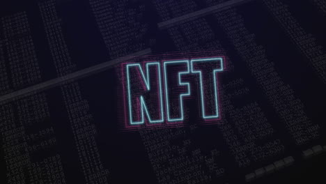 Animation-Von-Leuchtend-Neonblau-Und-Violett-Umrandetem-NFT-Text-über-Daten-Auf-Schwarzem-Hintergrund