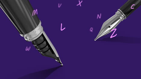 Animation-of-letters-floating-over-pens-on-violet-background