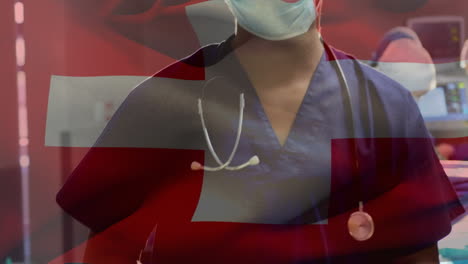 Animation-of-flag-of-switzerland-over-diverse-doctors-during-surgery