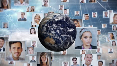 Animation-of-globe-with-network-of-connections-and-business-people-photos