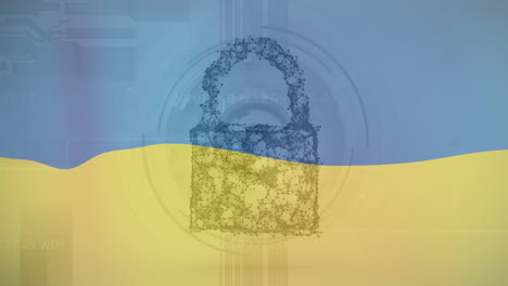Animation-Verschiedener-Daten-Und-Digitales-Vorhängeschloss-über-Der-Flagge-Der-Ukraine