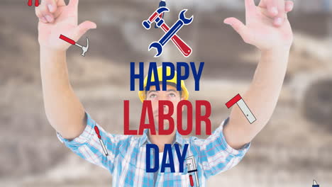 Animation-of-happy-labor-day-text-over-caucasian-male-worker-and-tools-icons