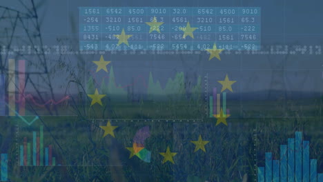 Animation-Von-Masten-Und-EU-Flagge-über-Der-Datenverarbeitung