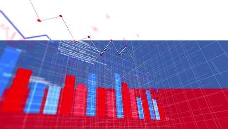 Animation-Von-Pfeilen,-Grafiken-Und-Finanzdaten-über-Der-Flagge-Russlands