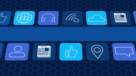 Animation-of-digital-online-icons-and-blue-stripe-moving-over-hexagons-on-dark-blue-background
