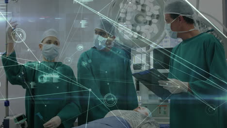 Animation-of-network-of-connections-over-two-caucasian-surgeons-in-operating-theater