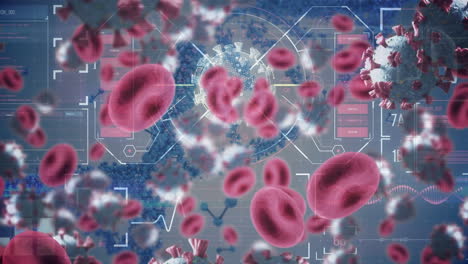 Animation-Von-Covid-19-Viruszellen-über-Datenverarbeitung-Und-DNA-Strang-Auf-Grauem-Hintergrund