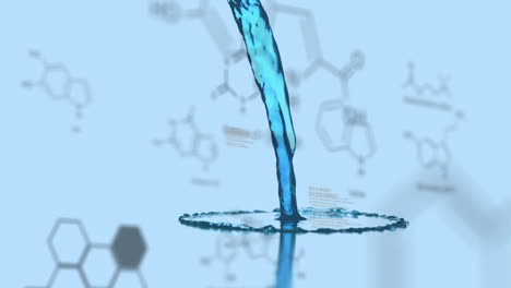 Animation-Von-Molekülen-über-Reagenz,-Das-Auf-Blauem-Hintergrund-Strömt