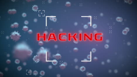Animation-of-falling-viruses-and-hacking-text-over-blue-background