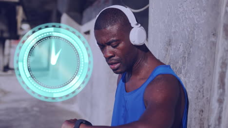 Animation-of-clock-over-running-african-american-man-in-headphones-using-smartwatch