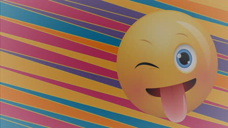 Animation-of-emoji-icon-and-texts-in-speech-bubbles-over-colorful-stripes-on-yellow-background
