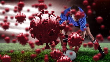 Animation-of-virus-cells-over-biracial-male-rugby-player-at-stadium