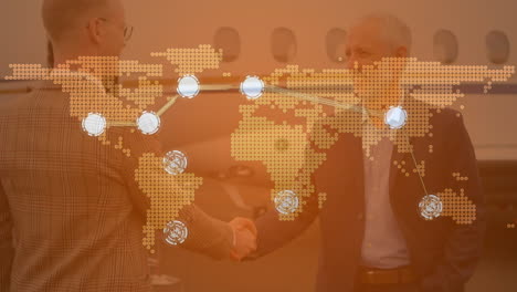 Animation-of-connected-dots,-map-over-caucasian-businessman-shaking-hands-against-private-jet