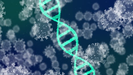 Animation-Des-Sich-Drehenden-DNA-Strangs-Und-Der-Auf-Blauem-Hintergrund-Schwebenden-Covid-19-Zellen